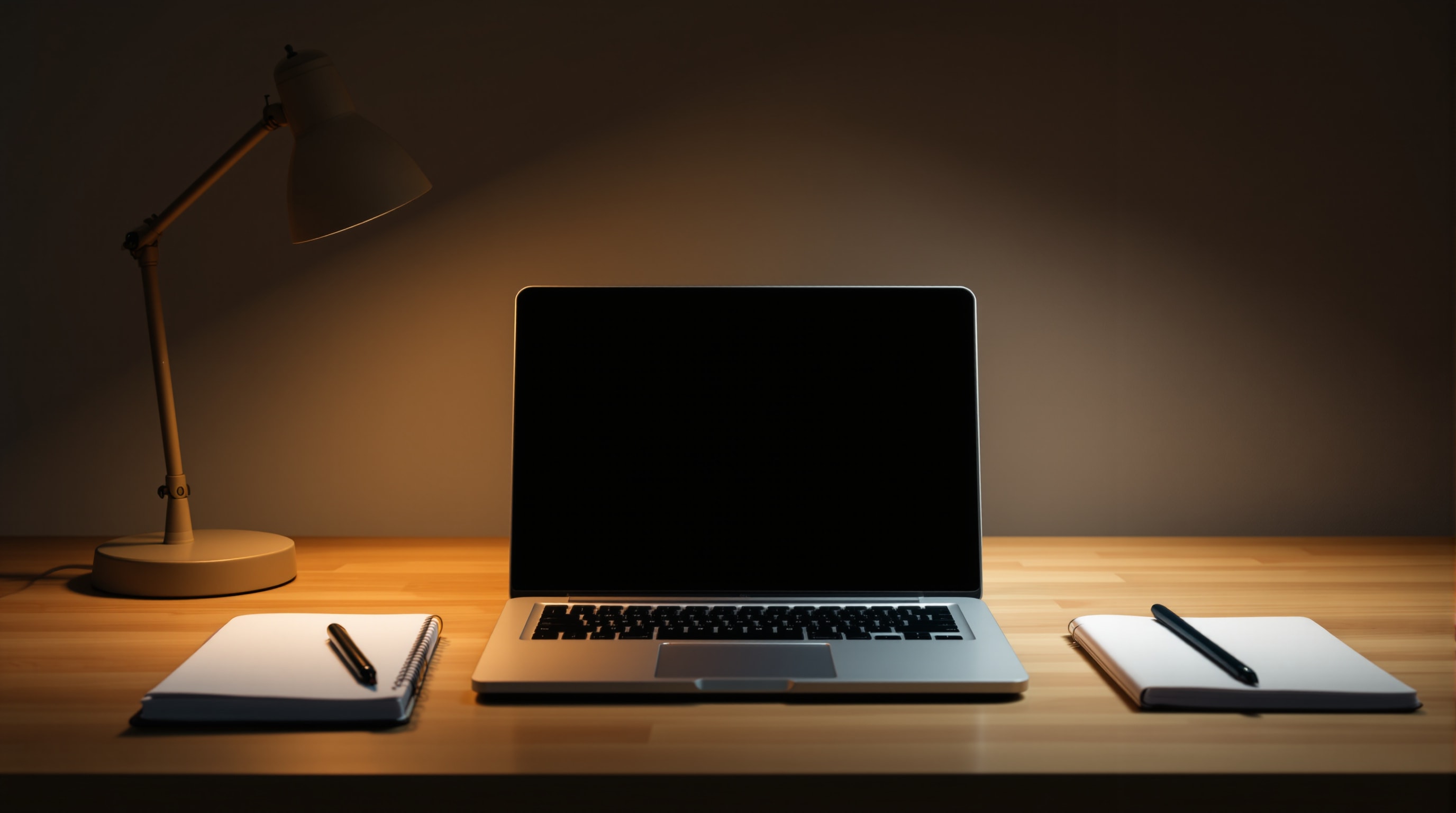 A student study desk at dusk with a closed laptop and notebook