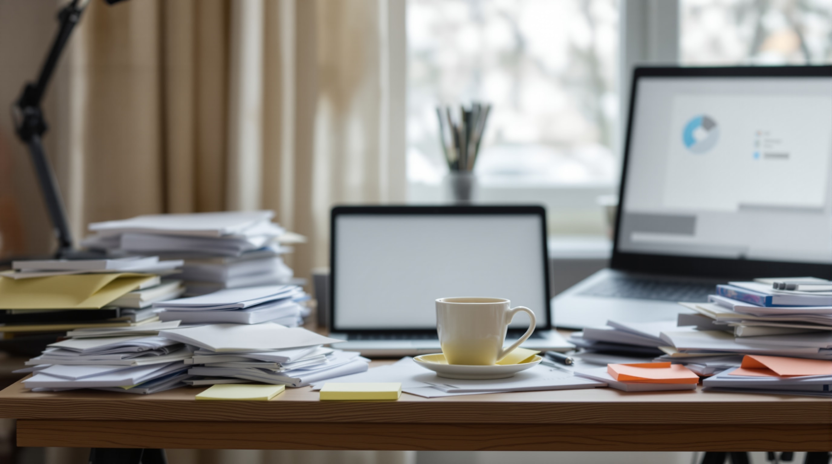 A cluttered home office desk with accumulated paperwork