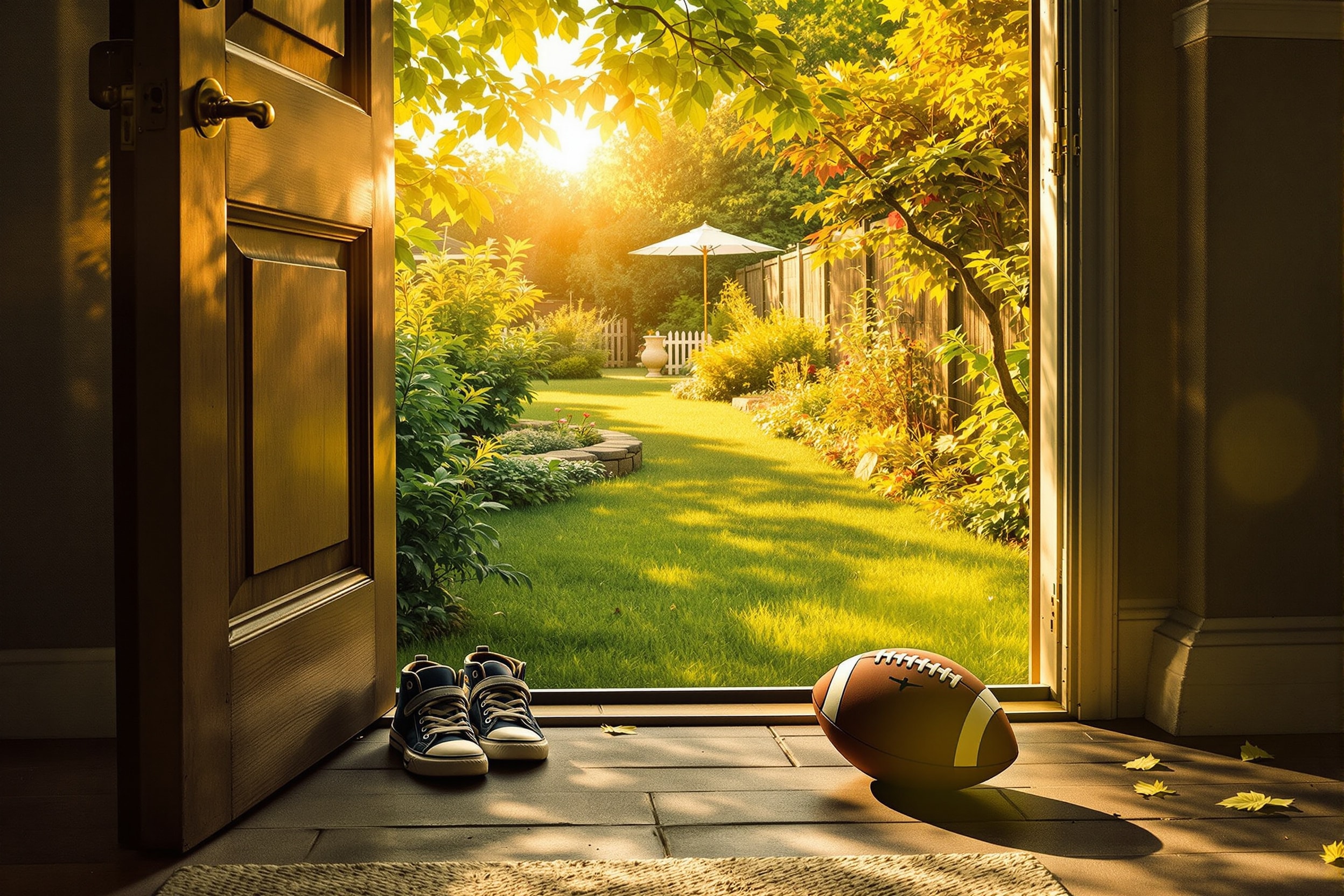 Shoes and a ball by an open door leading to a garden