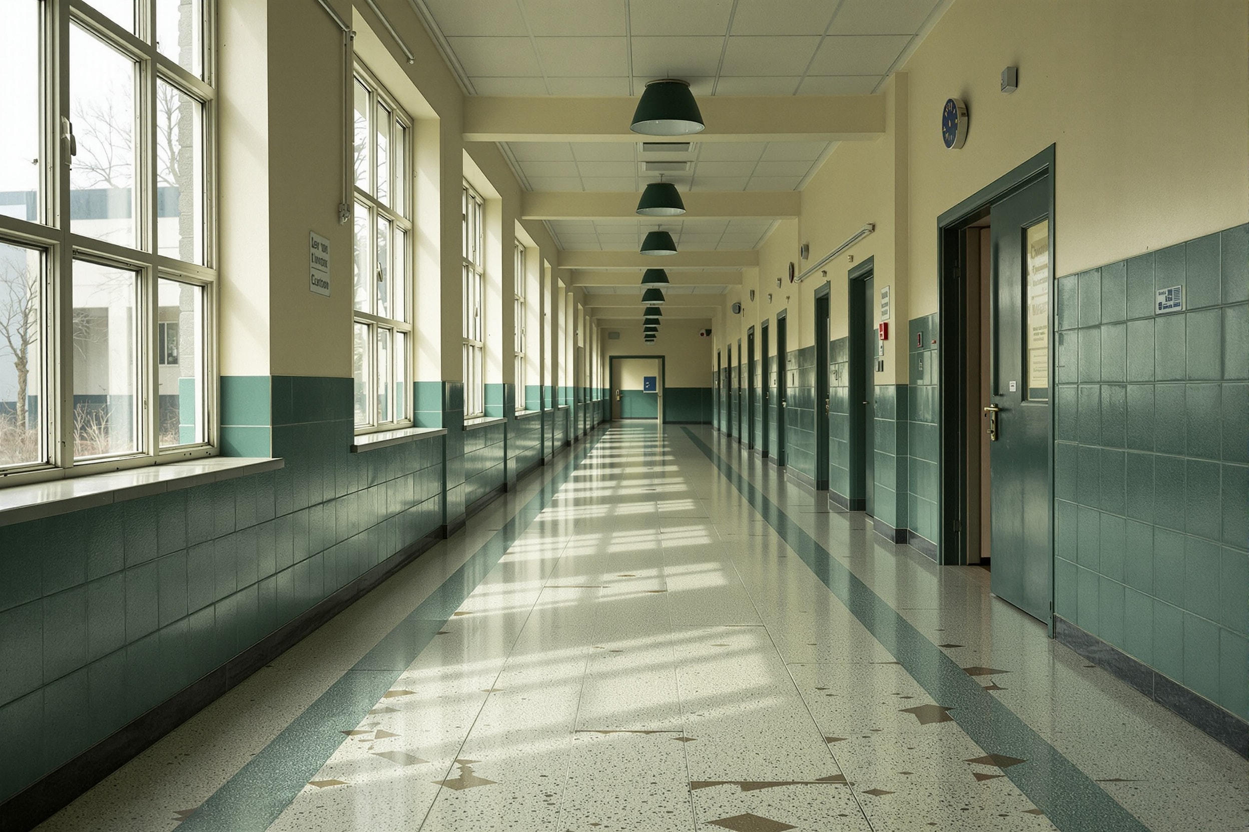 An empty mid-century school corridor