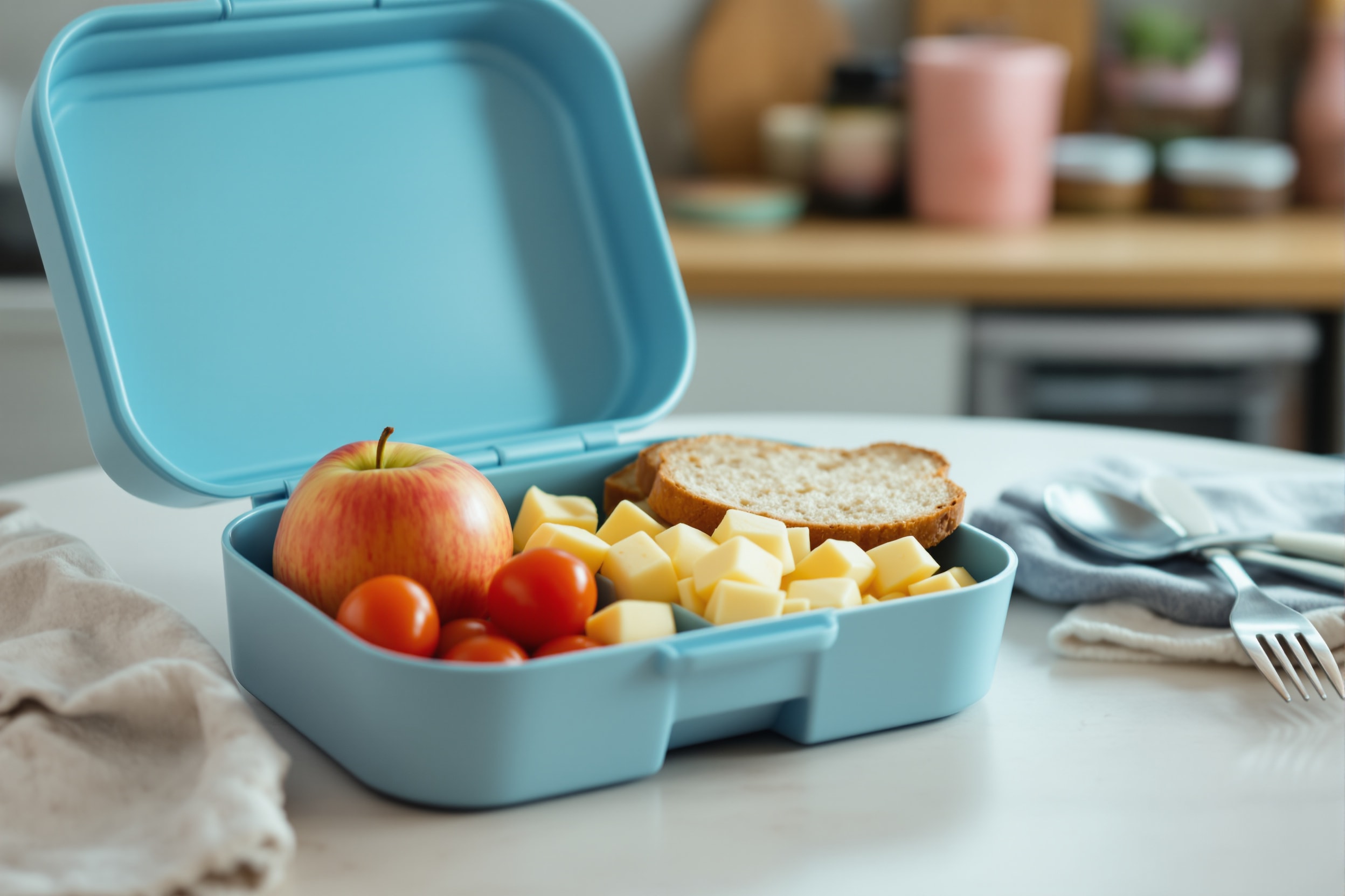 An open packed lunch box on a kitchen counter