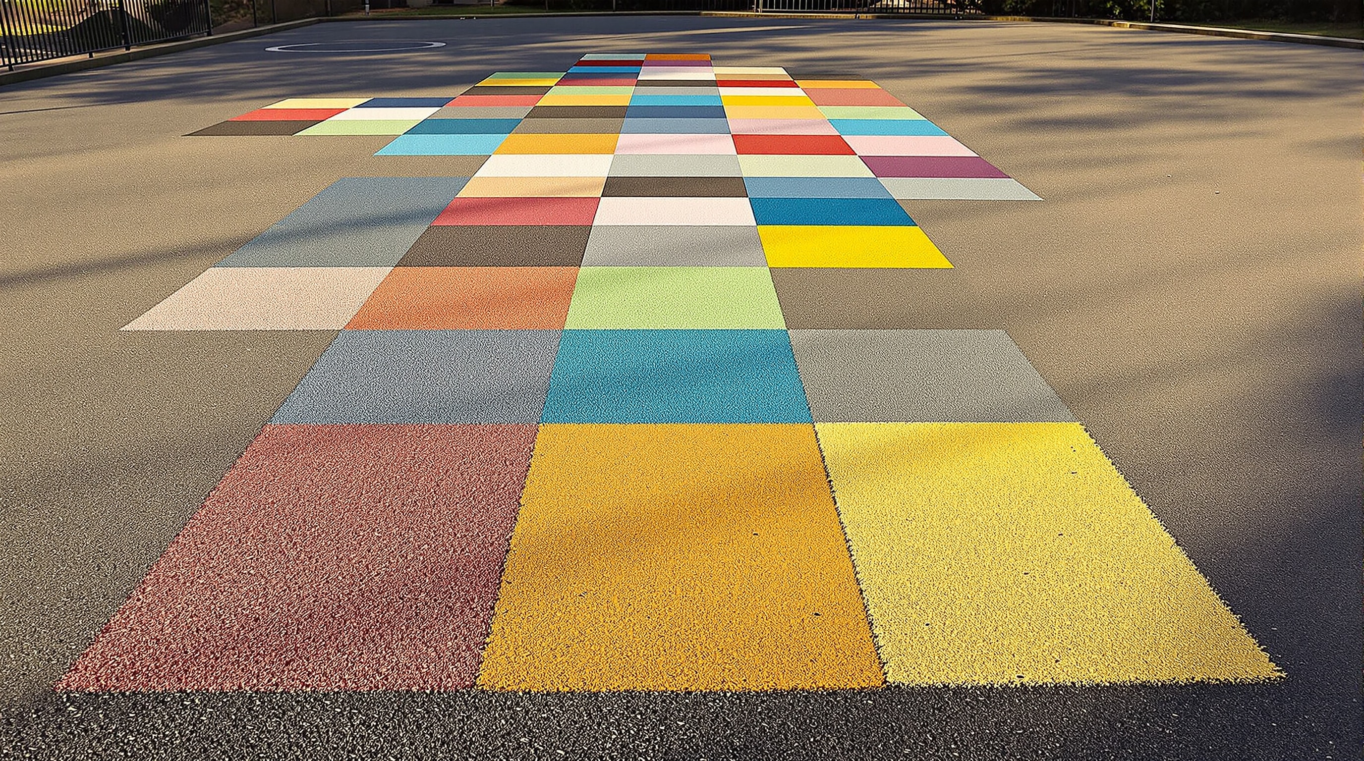 An empty school playground with faded painted markings