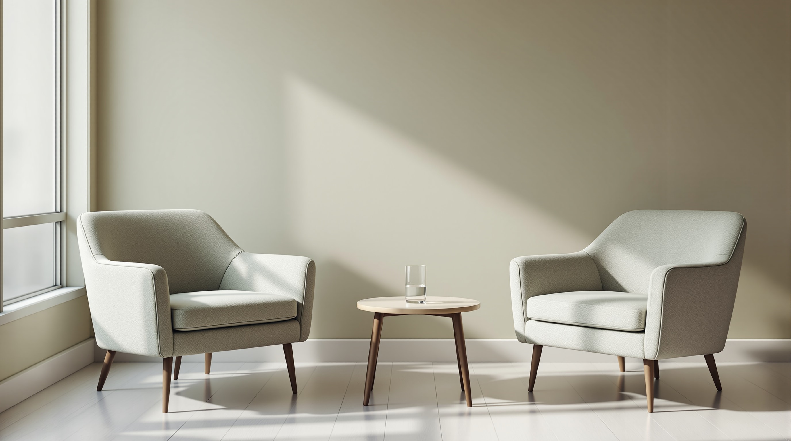 A calm waiting area with chairs and a glass of water