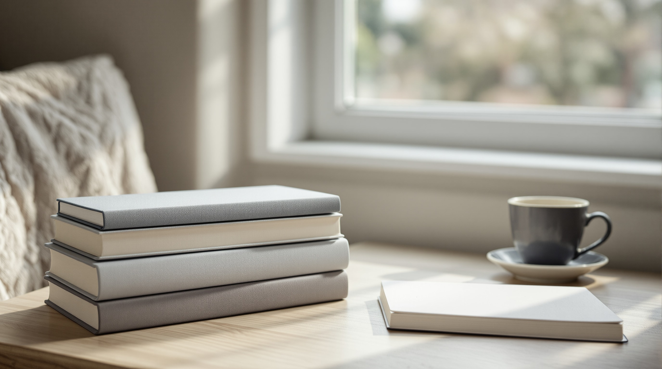 A quiet reading corner with books and a notebook, suggesting careful reading and research